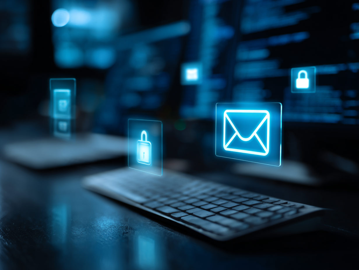 Realistic office computer showing secure business email login and account protection settings