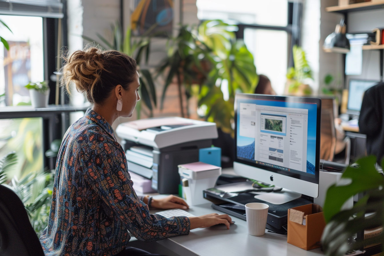 Small Hollywood FL office with a business owner setting up professional company email on a desktop computer