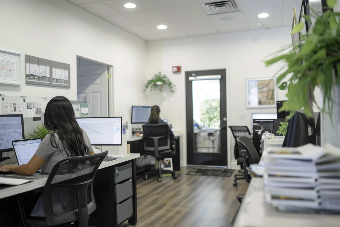 Local office staff using Google Workspace business email on laptops in a realistic small office setting